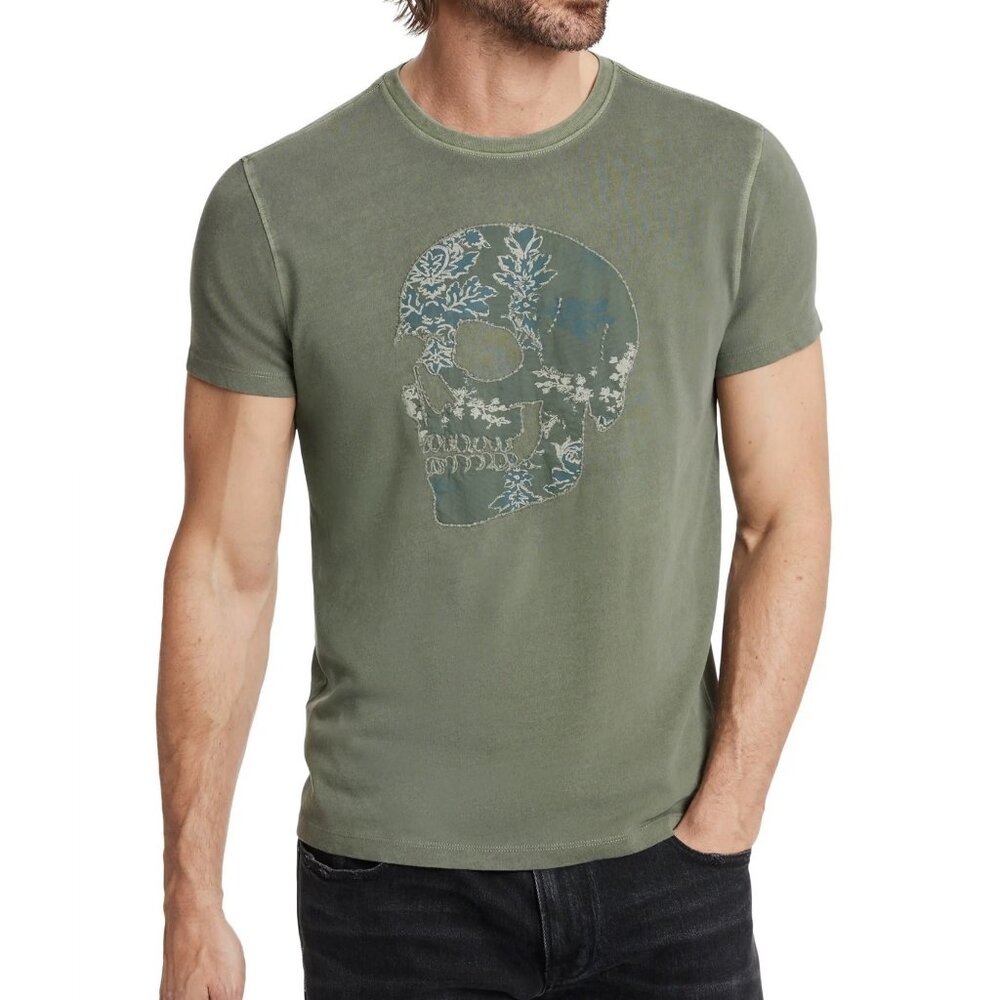 John Varvatos Men's Embroidered Applique Skull SS Crew T-Shirt Flagstone Grey